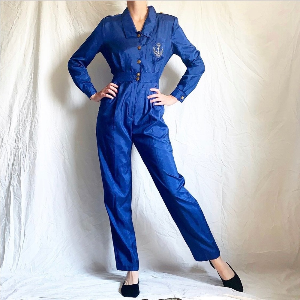 Vintage 80s Navy Jumpsuit With Gold Embroidered Crest